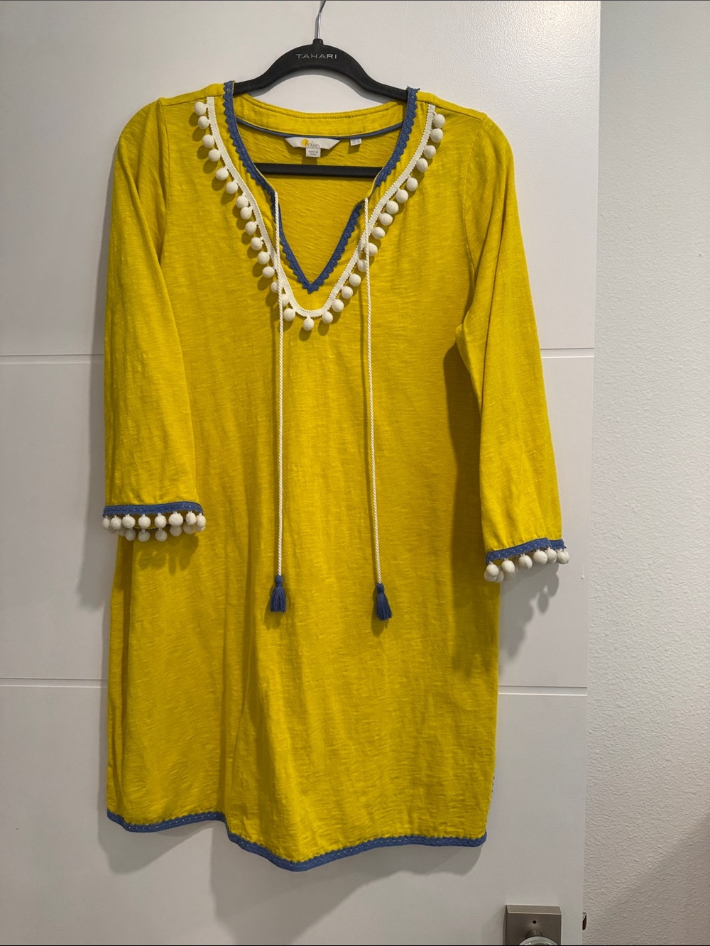 Boden Bright Yellow Mini Tunic with White Pom-Pom and Blue Trim